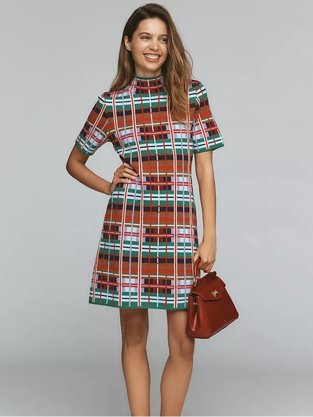 Anthropologie Mod Barbiecore Nina Plaid Knit Mini Dress Medium NWT Shift